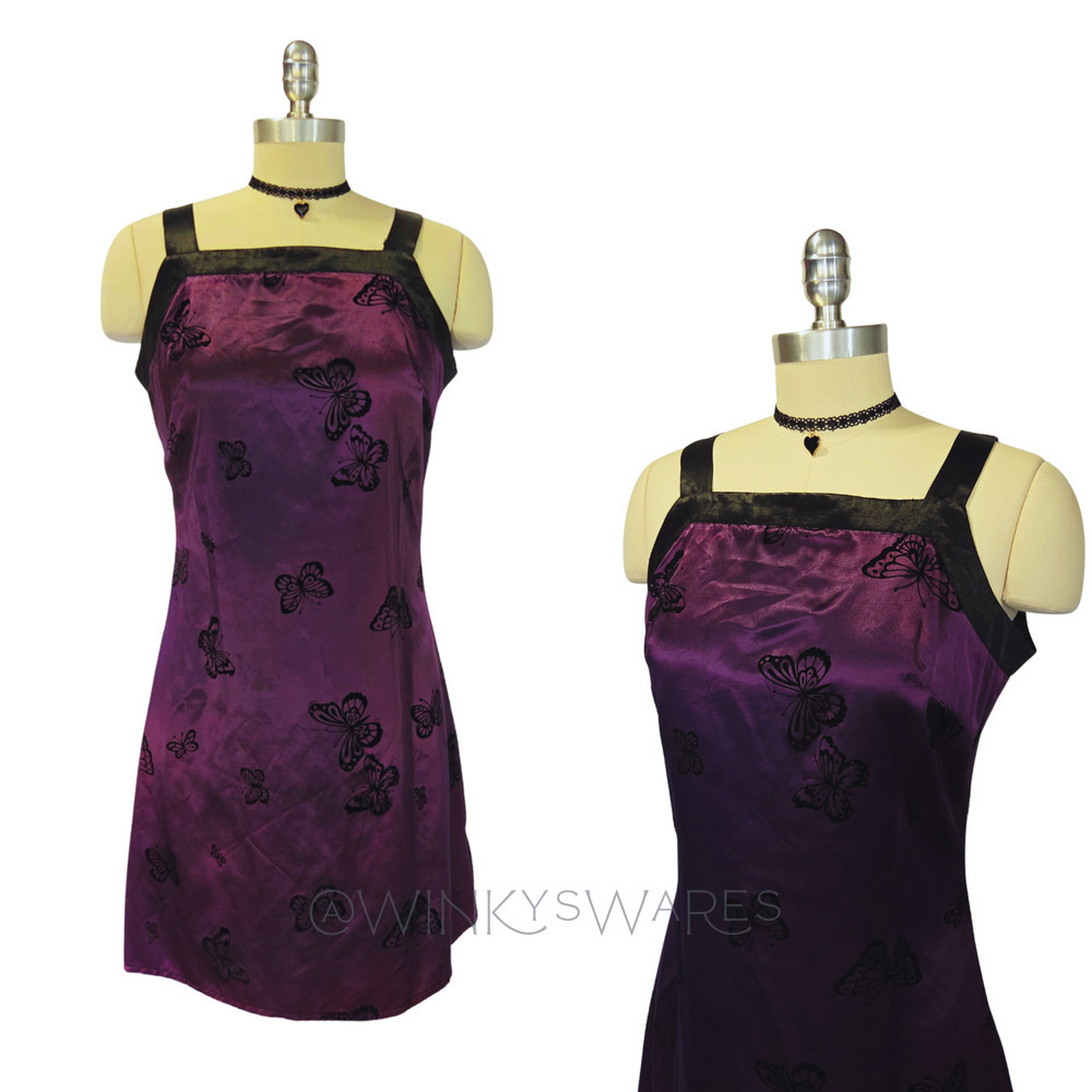 Vintage 90s Satin Mini Dress Size S Purple Butterfly Flocked Square Neck Grunge